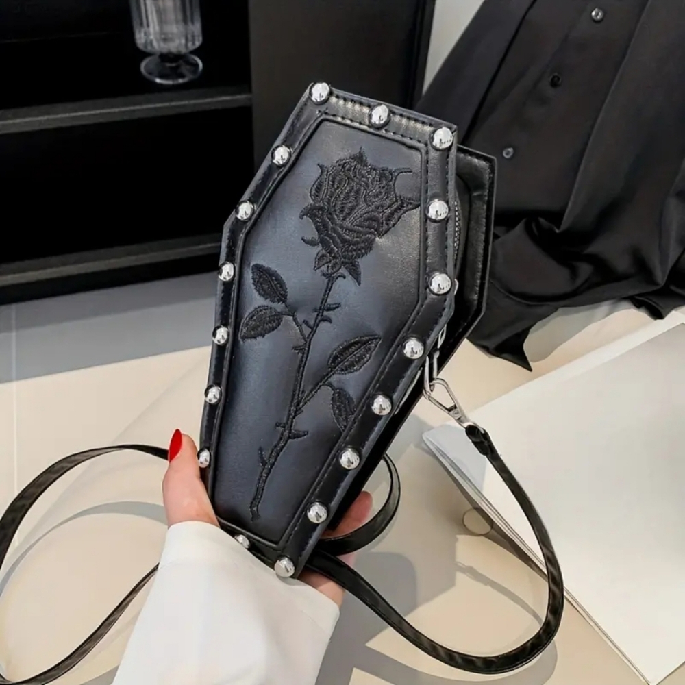 Womens Black Gothic Punk Coffin-Shaped Rose Embroidered Crossbody Bag,PU Leather